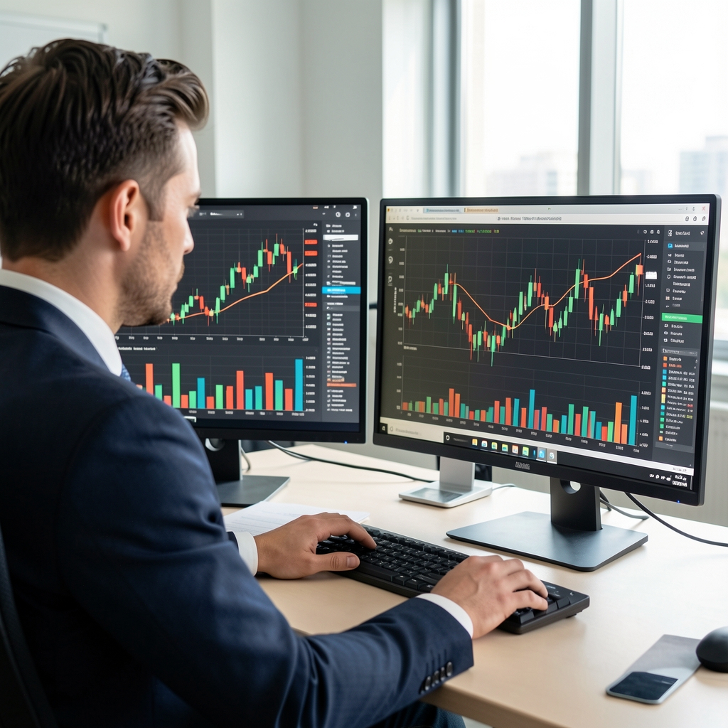 Analista financiero observando gráficos de líneas y barras de indicadores financieros en dos monitores de computadora en una oficina