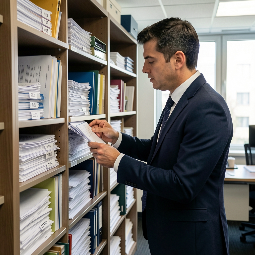 Auditor interno revisando carpetas archivadas en un estante de oficina con documentos organizados por año