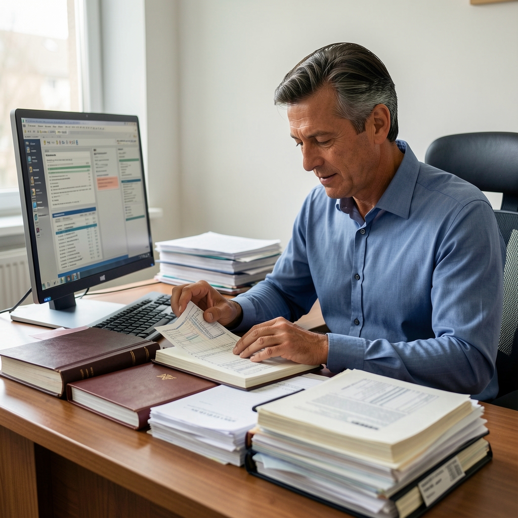 Contador revisando libros contables encuadernados y comprobantes de facturas apilados sobre un escritorio con una computadora de escritorio