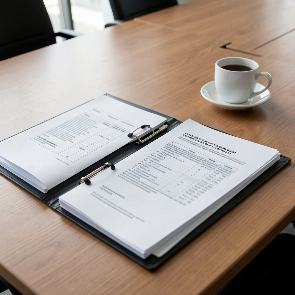 Documentos impresos con normas contables y resoluciones técnicas organizados en carpetas sobre una mesa de reuniones junto a una taza de café