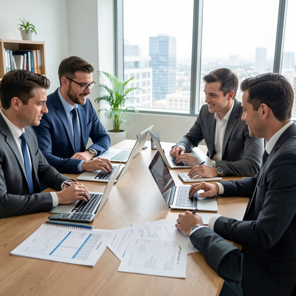 Equipo de contadores y auditores trabajando en conjunto alrededor de una mesa con notebooks y planillas de cálculo impresas
