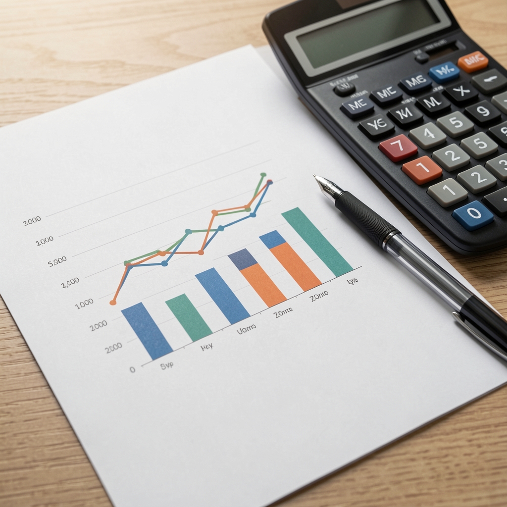 Primer plano de un informe financiero impreso con gráficos de líneas y barras junto a una calculadora y un bolígrafo