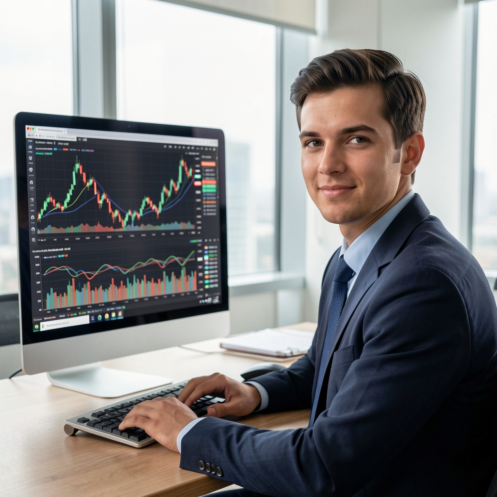 Retrato profesional de un analista financiero joven frente a una pantalla de computadora con gráficos de indicadores financieros