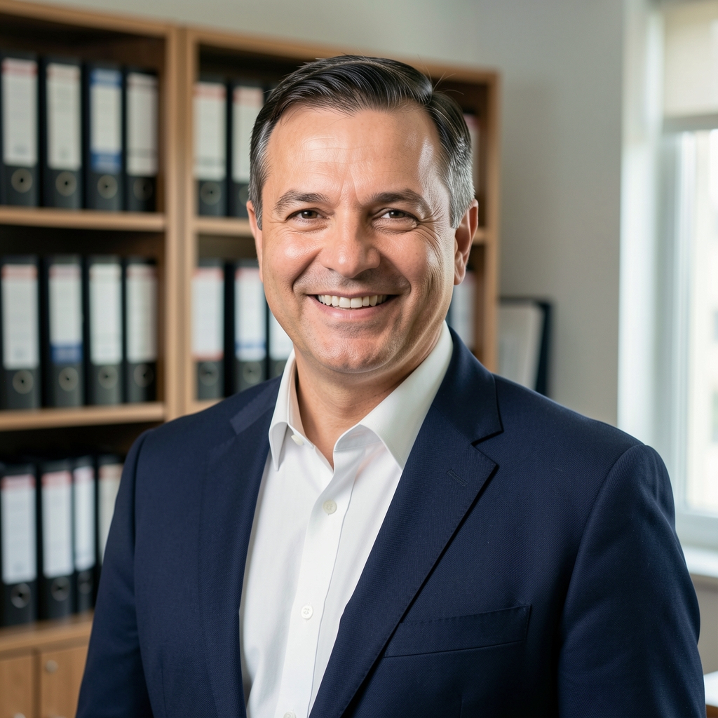 Retrato profesional de un hombre de mediana edad con camisa formal y saco, sonriendo, en una oficina con estanterías de archivos al fondo