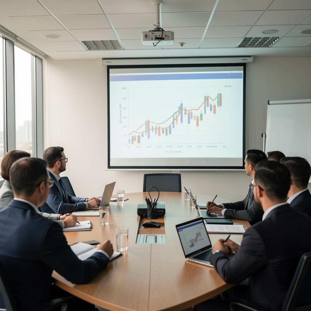 Presentación de un caso de estudio contable en una sala de reuniones con un proyector mostrando un gráfico de tendencias financieras
