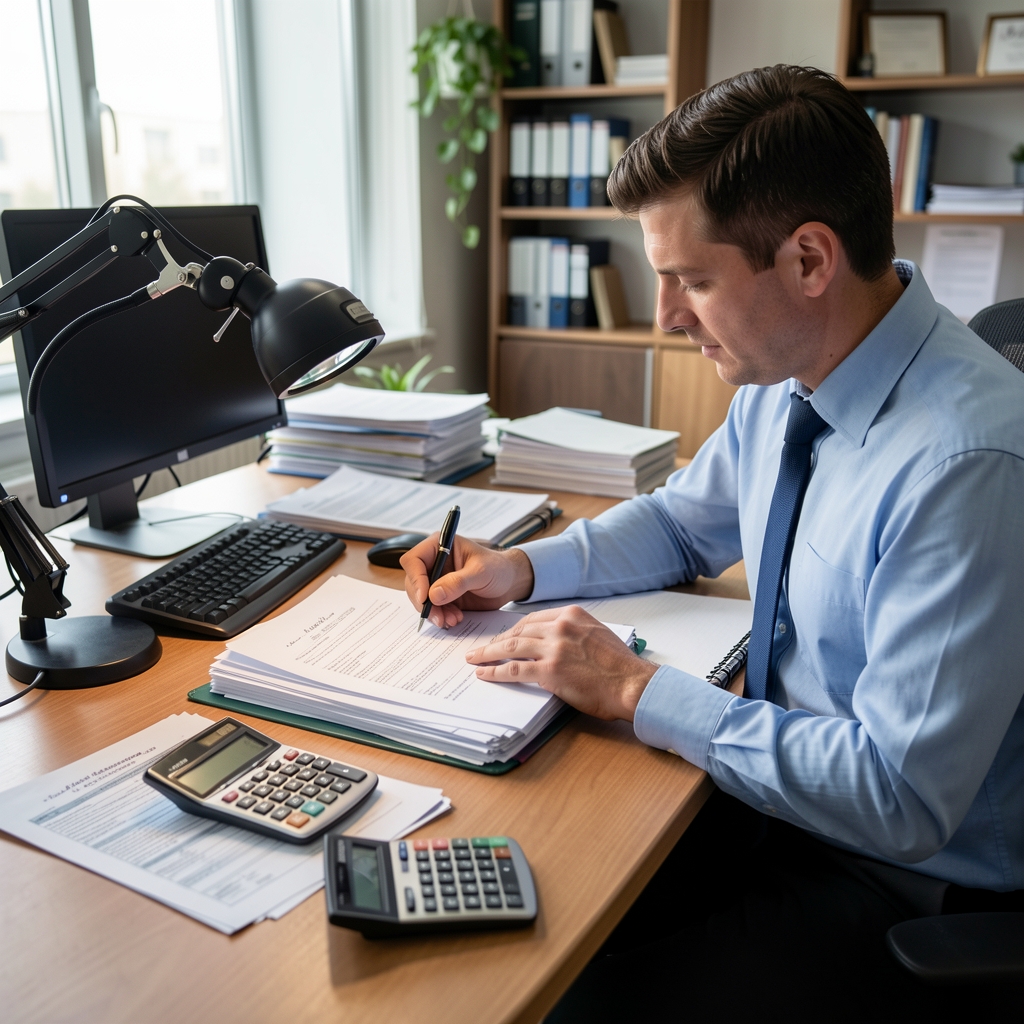 Auditor revisando carpetas de papeles de trabajo y planillas de conciliación sobre un escritorio de oficina con una lupa y una calculadora