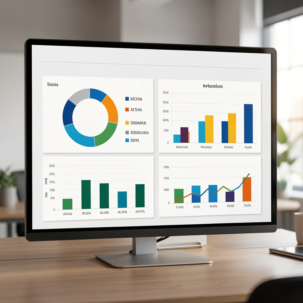 Tablero de indicadores financieros en una pantalla mostrando gráficos circulares y de barras con métricas de desempeño empresarial